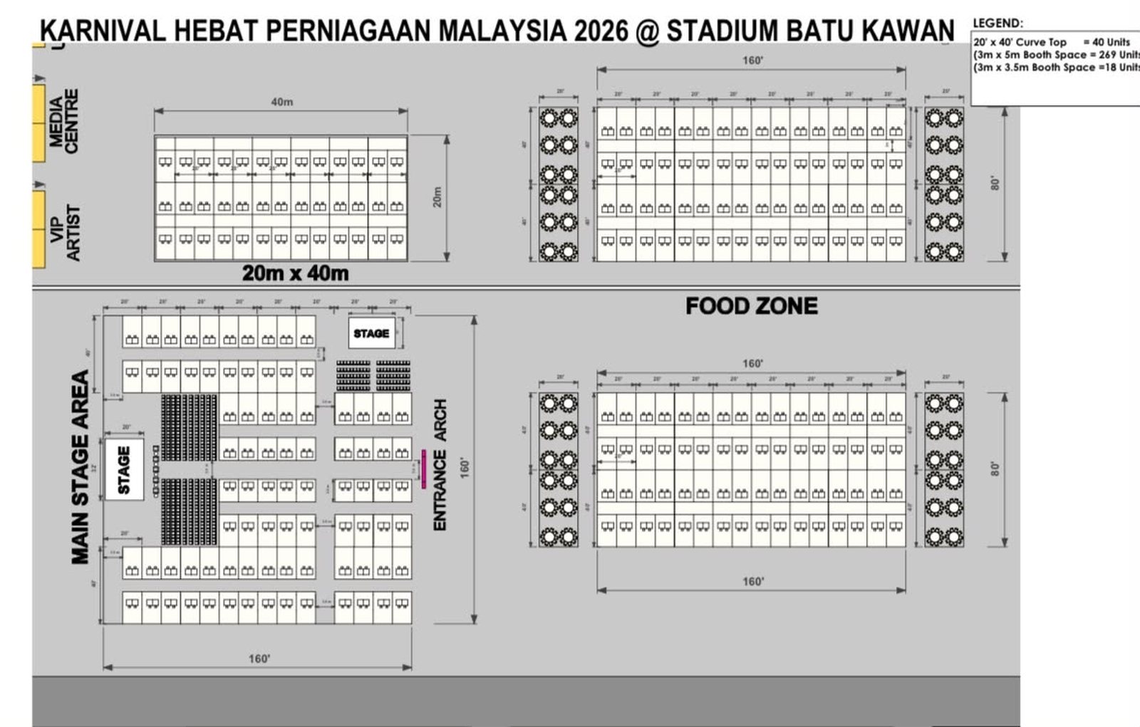 Susun atur booth Karnival HPM 2026 di Stadium Batu Kawan